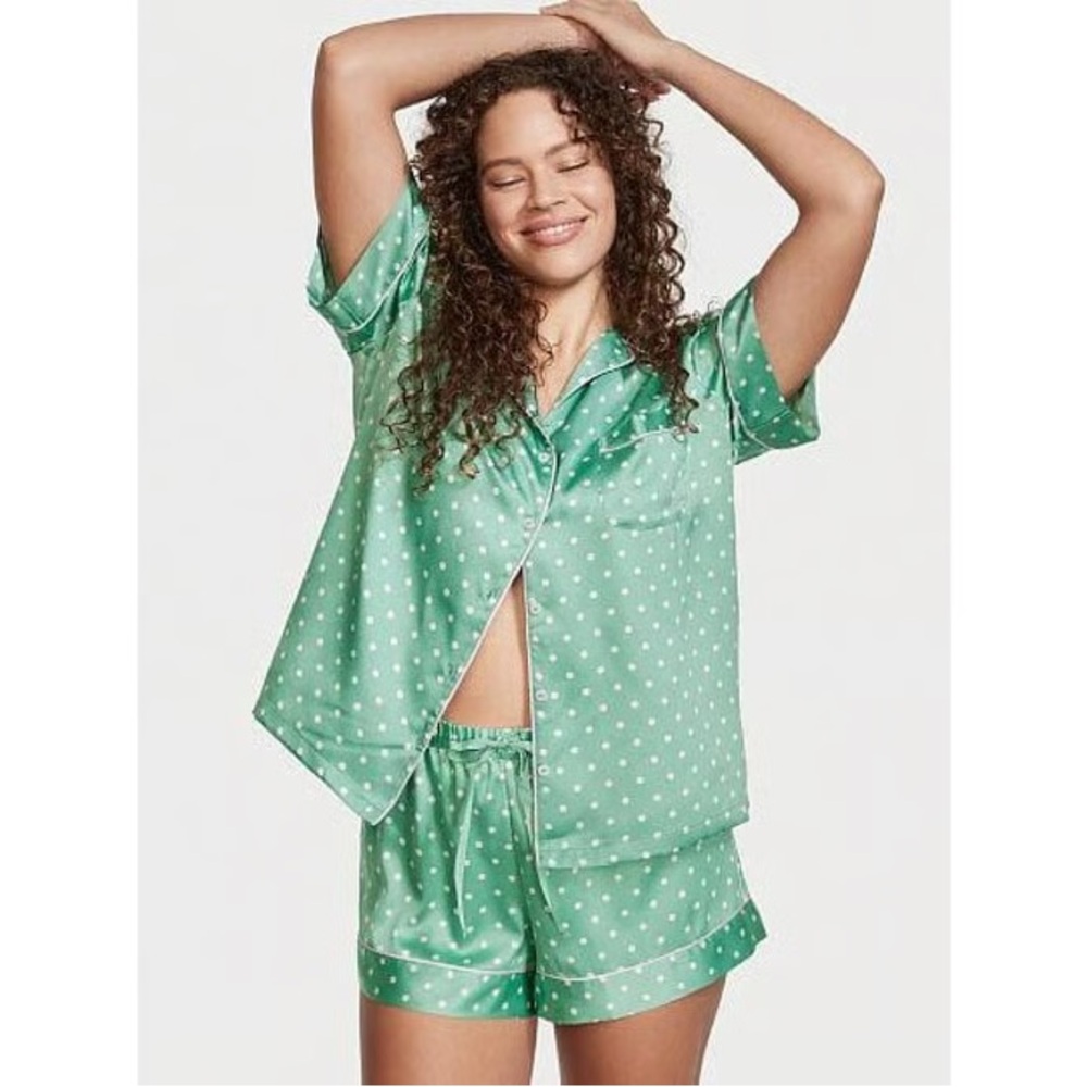 Victoria's Secret Green Polka Dot Satin Short Pajama Set